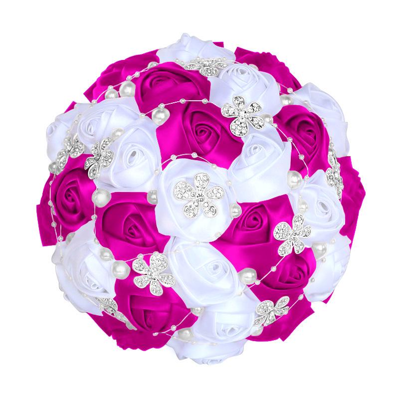 European & American Elegant Ribbon Flower Bridal Bouquet – Beaded Five-Flower Design