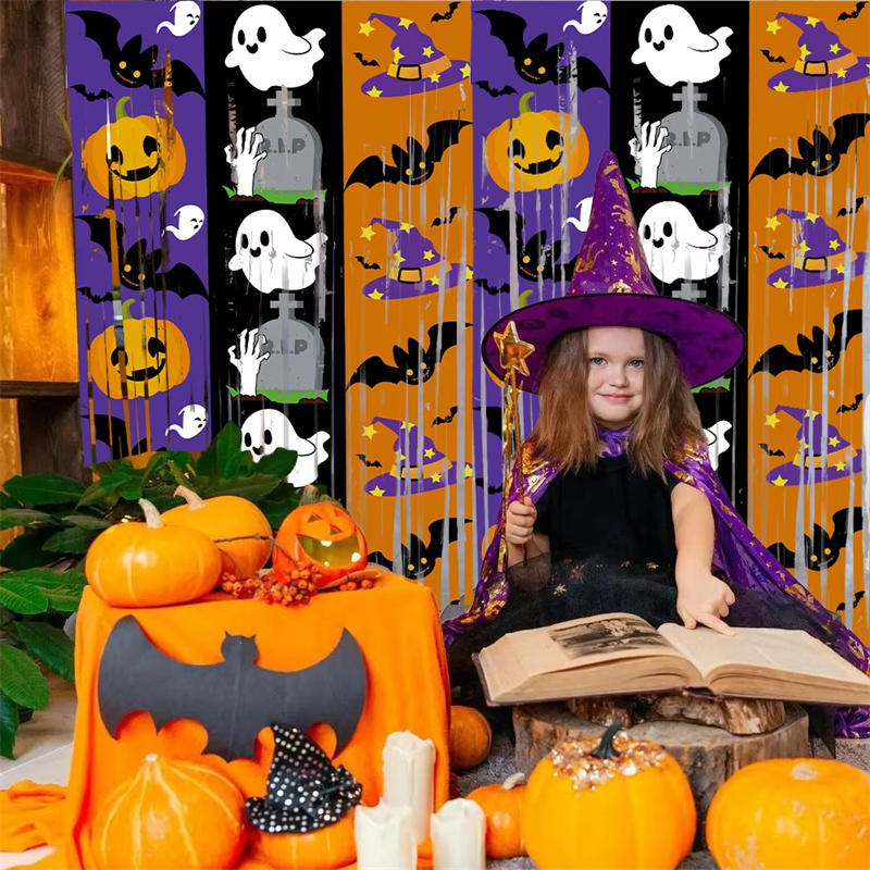 1PC Pumpkin Ghost Bat Curtain 2 Meters Haunted House Decoration Party Decoration Background Eye-Catching Party Backdrop Photo