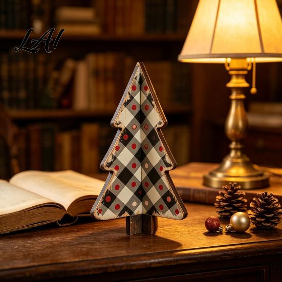 Small Decorative Wood Crafts Wooden Christmas Tree Tabletop Decoration Rustic 3D Interlocking Ornaments Vintage Hand Painted Retro Holiday