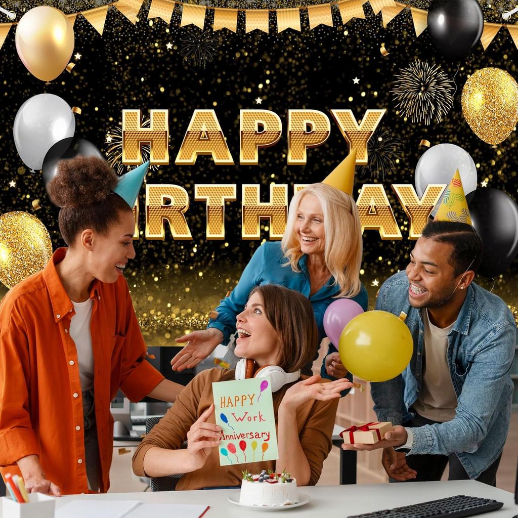 Black Gold Happy Birthday Backdrop Banner Glitter Black Gold Theme Photography Photo Prop Background Decor for Men Women Boys Girls Celebration