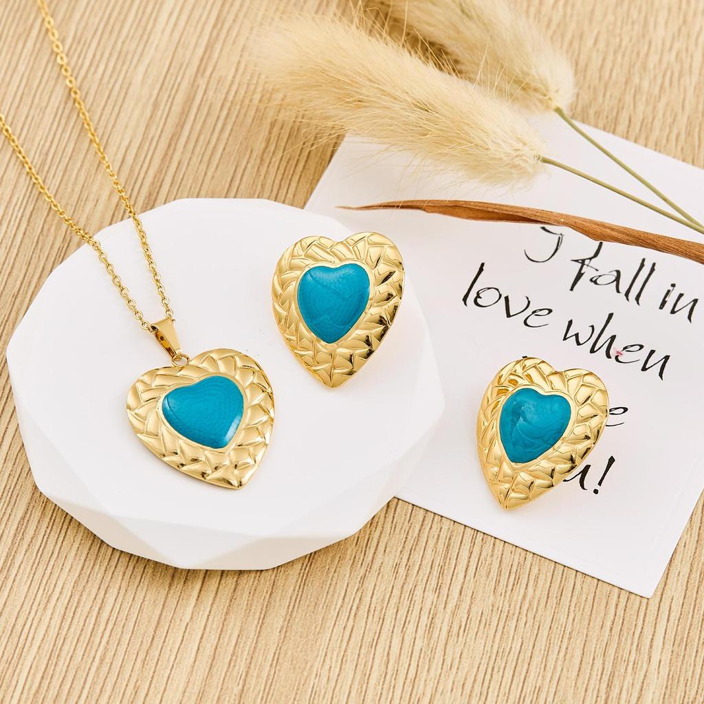 Heart-Shaped Women's Stud Earrings with Light Luxury Gem and Stainless Steel Heart Necklace