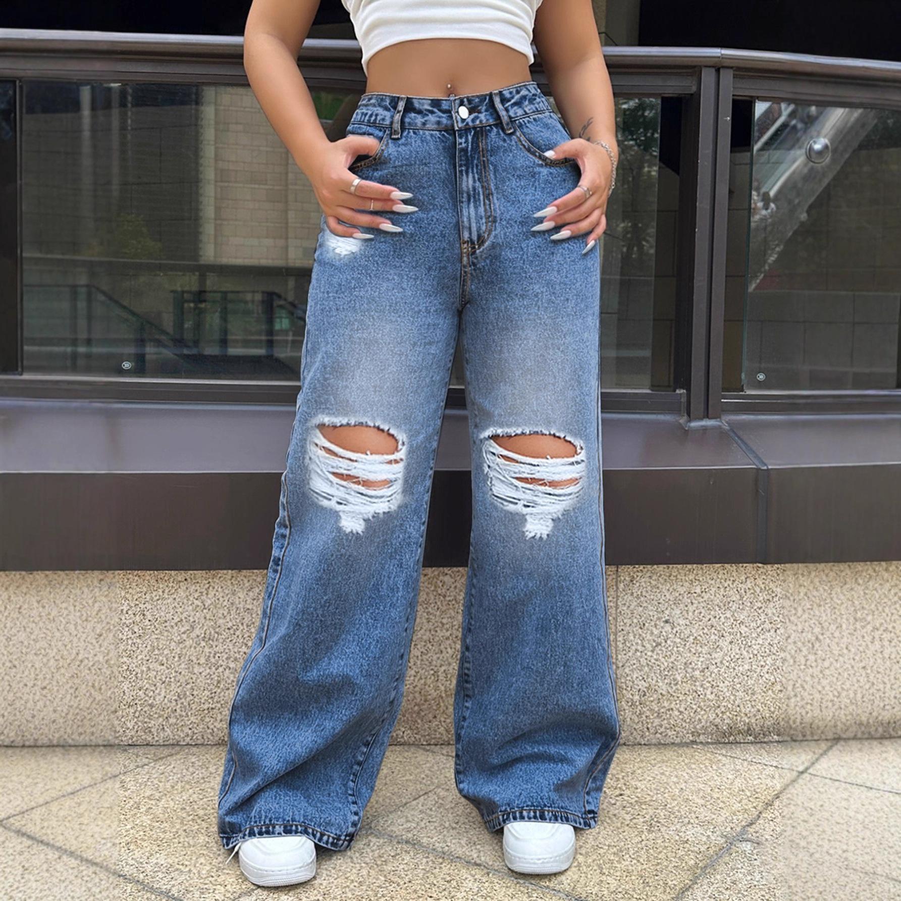 

New Women s Street Style Ripped Wide Leg Jeans, Loose Fit Distressed Denim Pants for Casual Fashion L