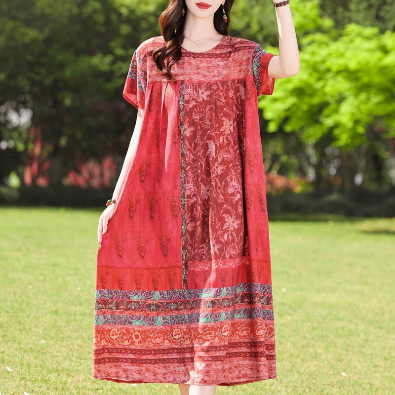 Μεγάλο μέγεθος Φαρδύ Vintage Print Μακρύ Φόρεμα για Γυναικεία Casual κοντομάνικα καλοκαιρινά γυναικεία φορέματα