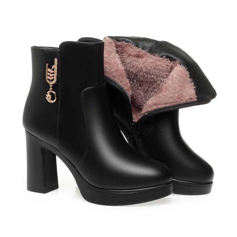 Dámské kotníkové boty na vysokém podpatku nové zimní sametové bavlněné boty temperamentní silný podpatek kožené boty teplé mateřské boty