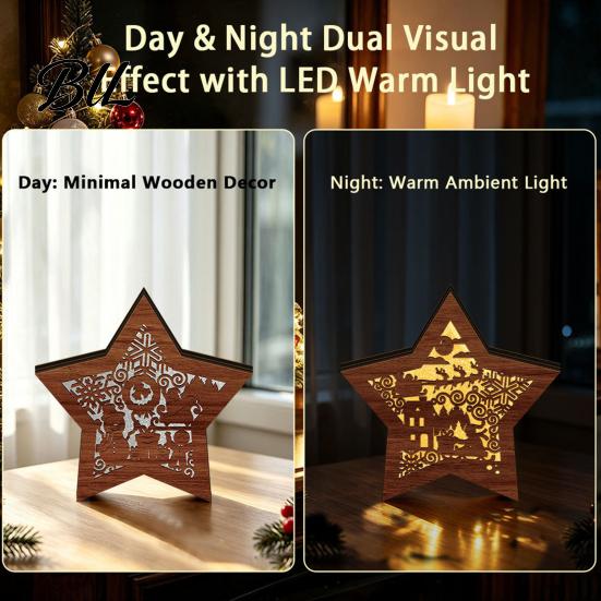 Unique Christmas Gifts 3D Wooden LED Night Light, Hollow Carved Tabletop Decor Lamp with Warm Glow, Festive Holiday Home And Office Decoration