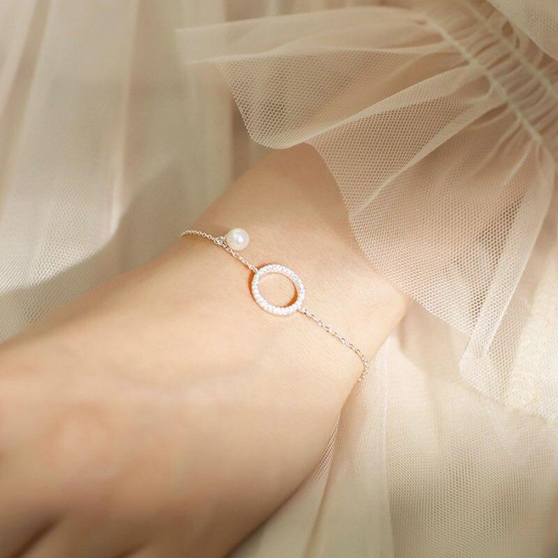 925 Sterling Silver Simple Micro Pave Circle Bracelet For Women Cubic Zirconia Pearl Chain Bracele Pulseras S -B123