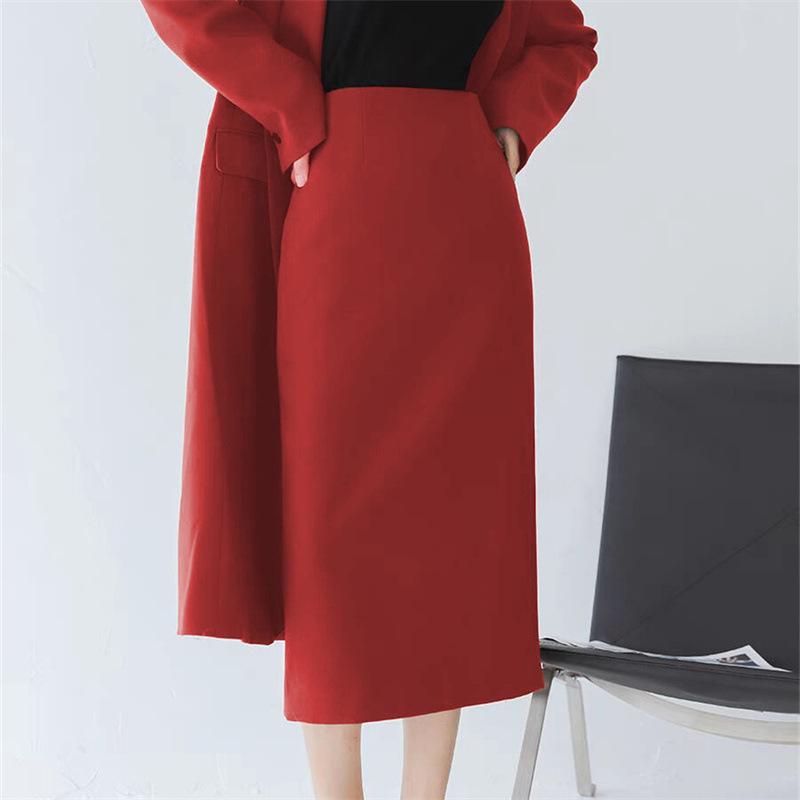 Women's Mid-Length Coffee-Colored A-Line High-Waisted Slit Skirt
