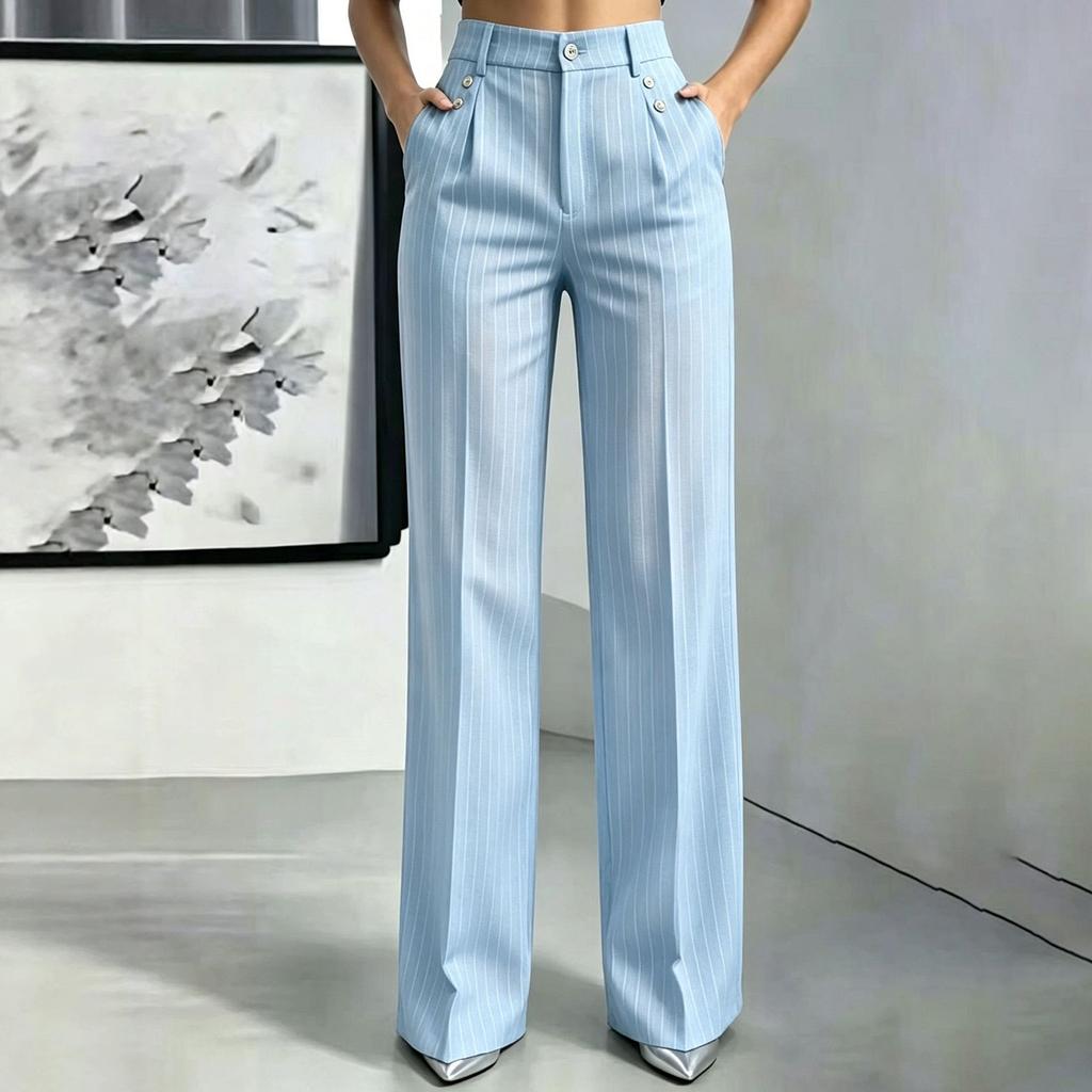 Women's Striped Loose Fit Straight Leg Dress Pants with Pockets and Button Closure for Casual and Wear