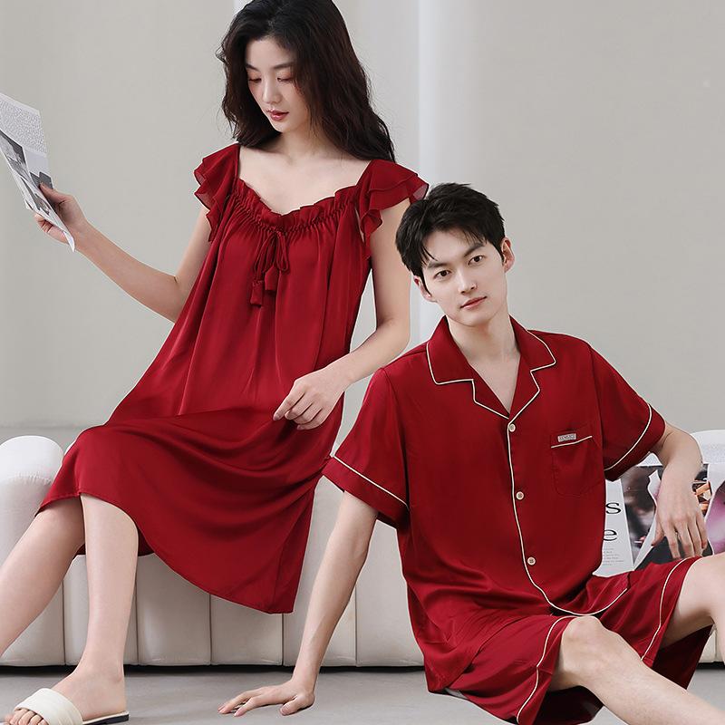 Couple Pajamas Female Summer Princess Wind Ice Silk Pajamas Wedding Red Suit Festive Gift Men's Loungewear