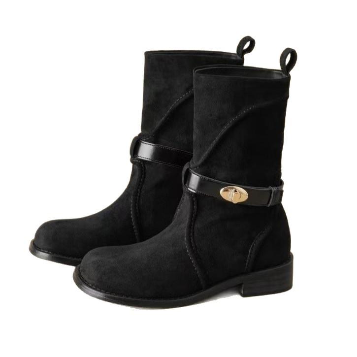 French retro Martin boots women's 2025 new thick heel short boots belt buckle thin fashion boots suede medium boots