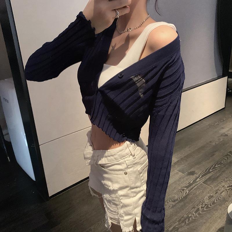 Summer Thin White Knitted Cardigan for Women Outerwear Sun Protection High - Waisted Short - Style Top Ice Silk Small Coat
