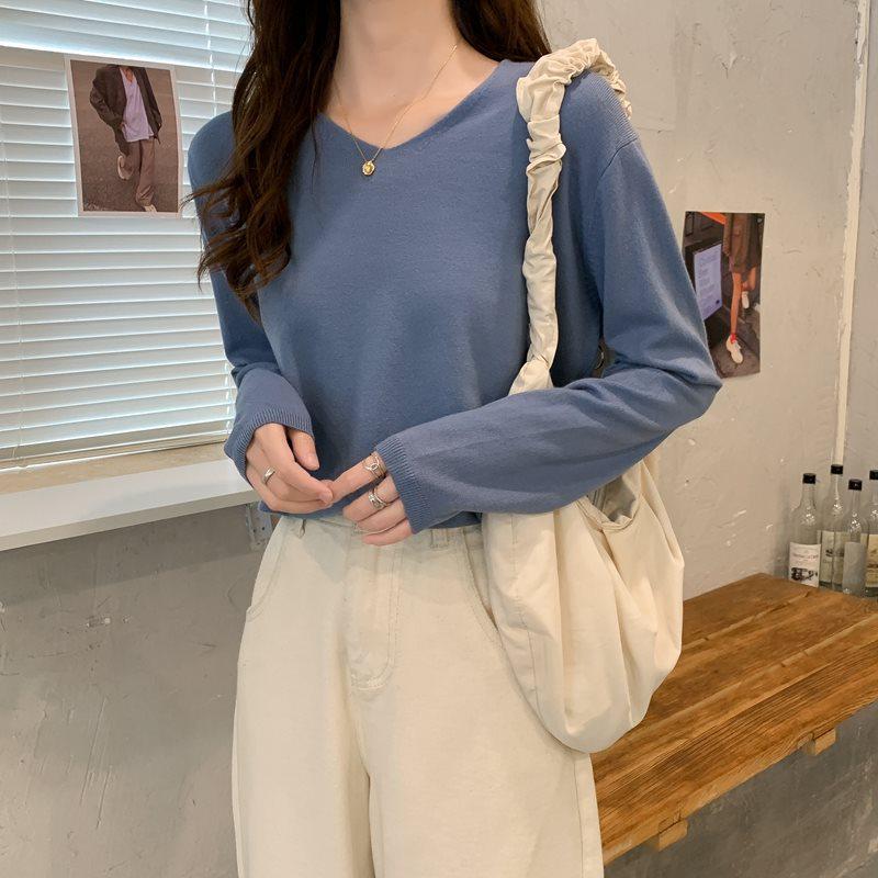 Women's Apricot V-Neck Knitted Sweater - Soft Long Sleeve Top for Spring/Autumn 2025