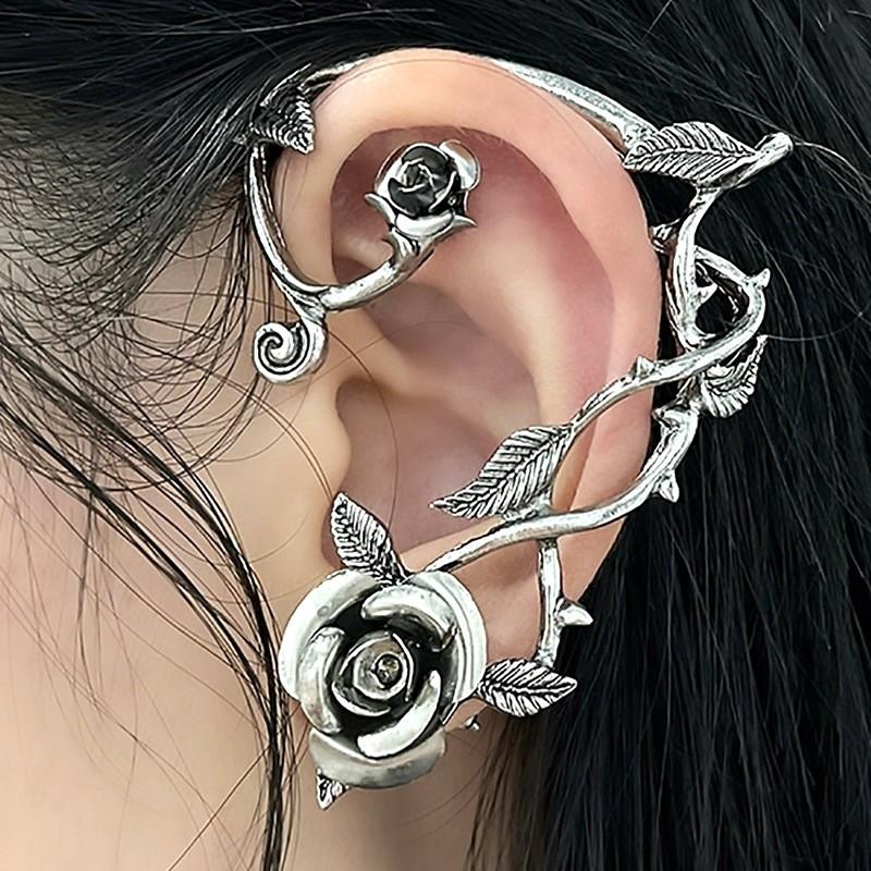 Dark Style Flower Ear Hooks Metallic Jewelry For Female Fashion