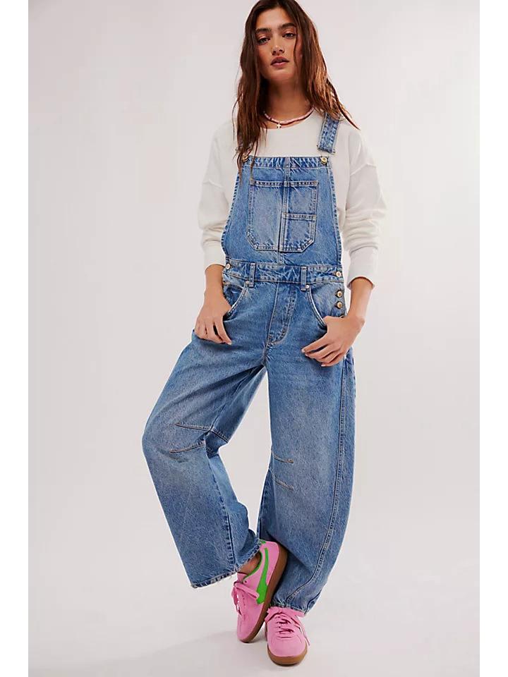 Vintage Street Style Washed Loose Fit Women's Denim Overalls for Autumn/Winter
