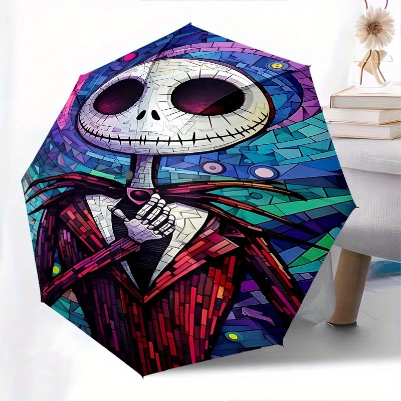 1 Automatischer Regenschirm Jack Skellington, Bunter 8-Speichen-Schirm mit Buntglas-Thema, Tragbar für Damen und Herren, Ein Kompakter Begleiter für den täglichen Weg, Geeignet