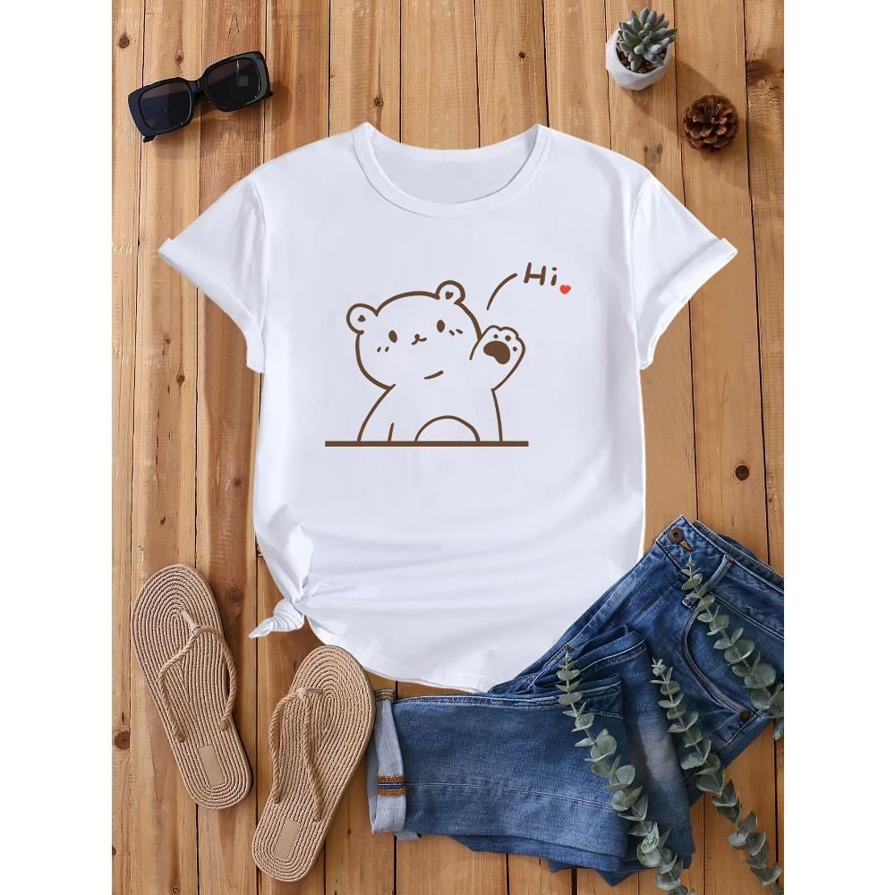 Damen Niedlicher Bär Herz Muster T-Shirt Sommer Rundhals Stoffmuster Mode Oberteile Tägliche Damenbekleidung