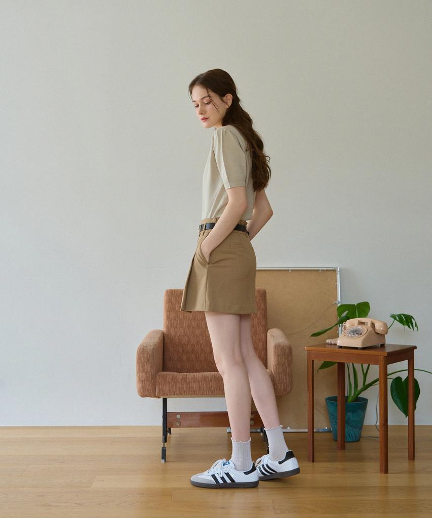 Deuloupisumeon V-Neck Puff Short Sleeve Cotton Knit [Sand Grey]