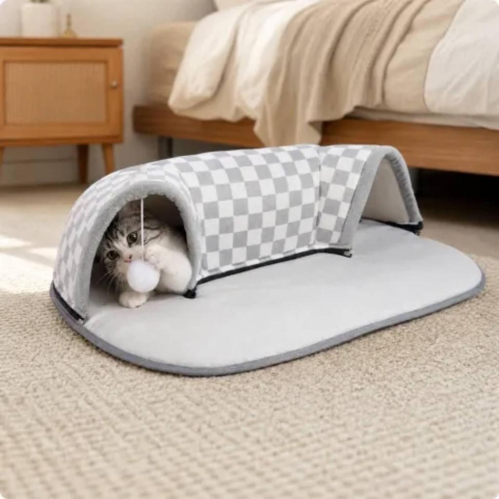 Cat Tunnel Bed with Fringe Ball Toy Cozy Oval Padded for Home