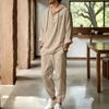 Men's Linen Hooded Two-Piece Set: Half-Zip Long Sleeve Shirt and Jogger Pants for Beach Vacation