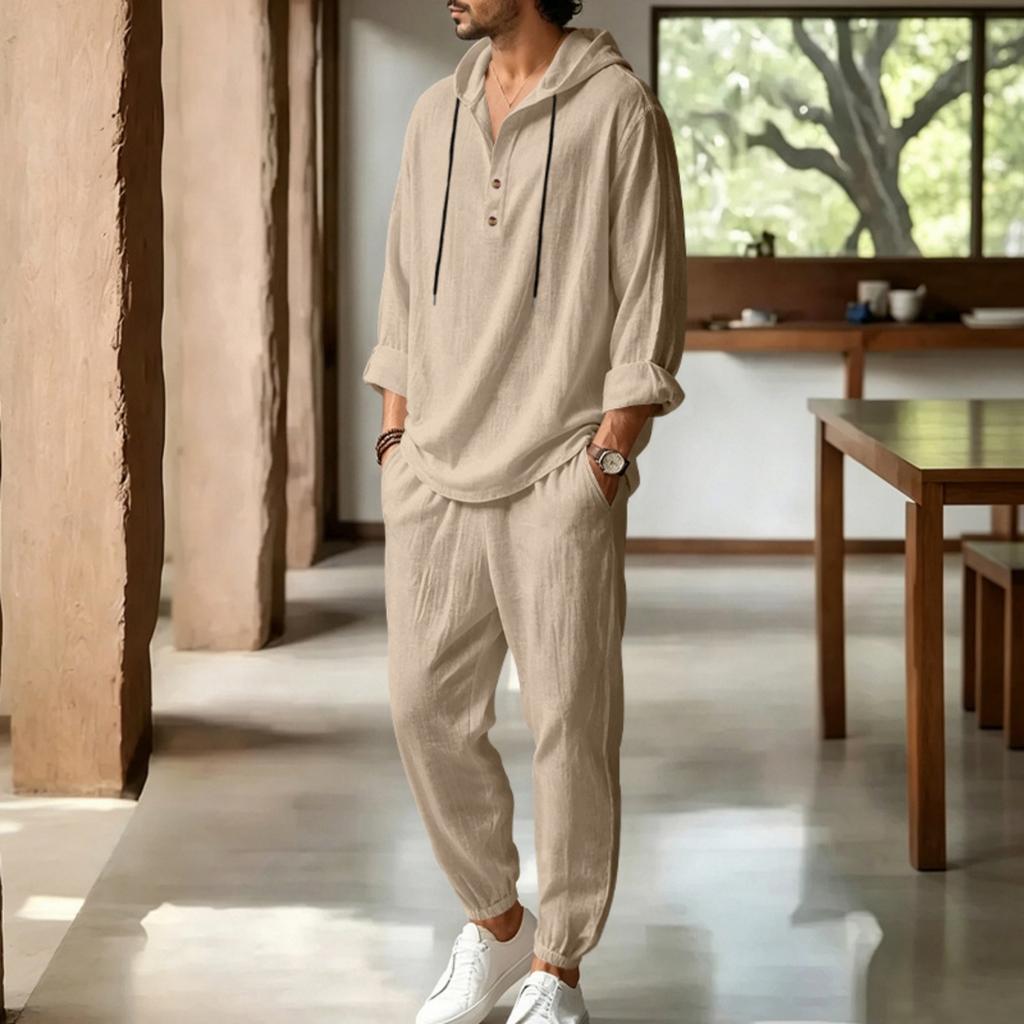Men's Linen Hooded Two-Piece Set: Half-Zip Long Sleeve Shirt and Jogger Pants for Beach Vacation