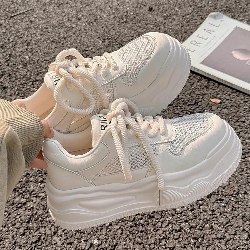 Lace-up White Shoes Women Sneakers  New Breathable Mesh Leather Women's Shoes Chunky Casual Sports Board Shoes Sneaker Adult