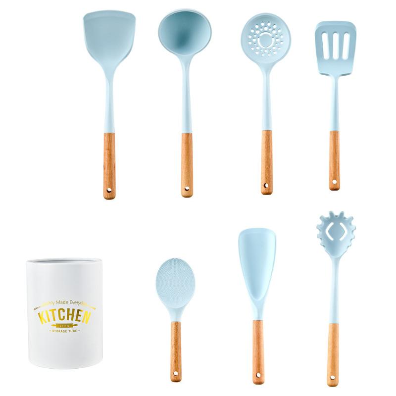 

7/8/9/12PCS силиконовый кухонный набор принадлежностей деревянная ручка кухонные принадлежности для выпечки кухонные принадлежности аксессуары ведро для хранения Blue 7-piece set