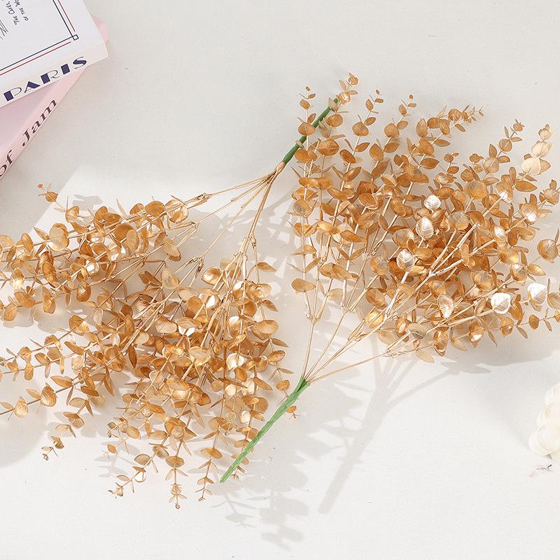 Gold Eucalyptus & Small Rose Artificial Flowers for Wedding/Home Decoration