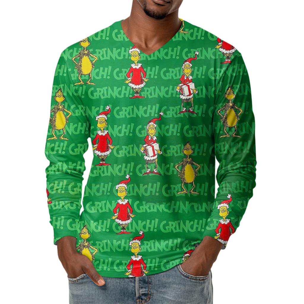 Мужская модная футболка с принтом, V-образным вырезом, повседневная, с длинным рукавом, для ношения под низ, топ