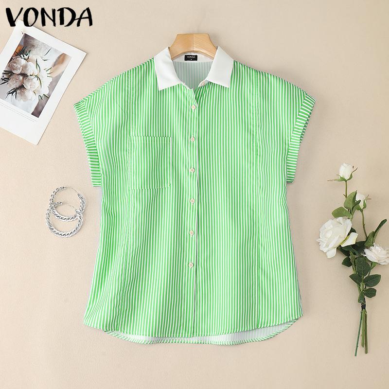 VONDA Women Stitching Lapel Short Sleeve Striped Buttons Up Casual Blouse