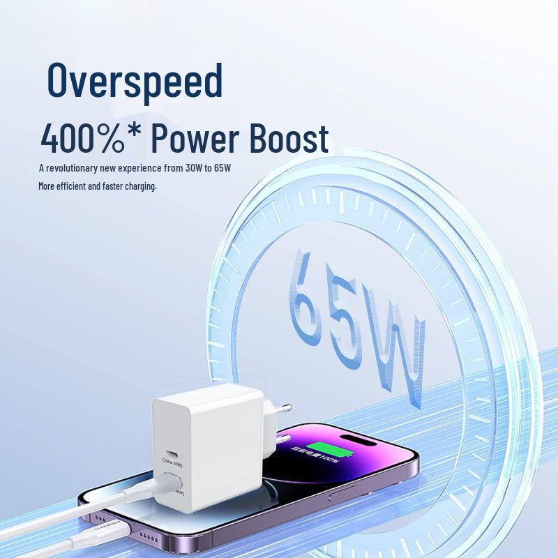 65W Gallium Nitride Dual-Port USB-C Fast Charger for Laptop & Phone