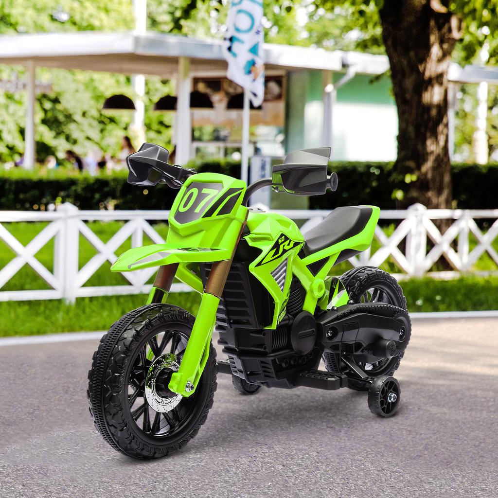 Motocicletta Elettrica per Bambini, Alimentata a Batteria 6V, Ruotine di Supporto, Clacson, Suono di Avviamento, 3-8 Anni, Verde