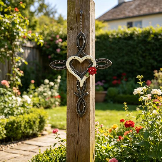 DYS Metal Horseshoe Heart Wall Cross Decor, Hanging Art, Decorative Cross, Rustic Spiritual Art Sculpture for Farmhouse Garden Yard Patio Fence