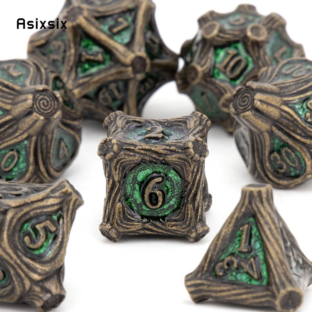 7 Pcs GreenTree Stump Root Metal Dice Solid Metal Polyhedral Dice Set Suitable for Role-Playing RPG  Board Game Card Game