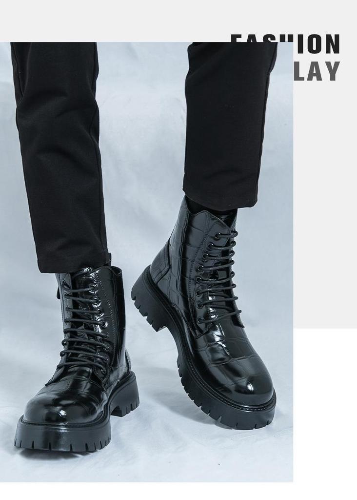 Men's British-Style High-Top Leather Boots: Autumn/Winter Martin Boots with Thick Soles & Lace-Up Design.