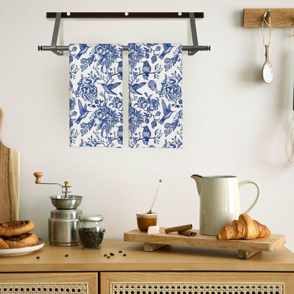 Blue and White Chinoiserie Floral Bird Tea Hand Dish Towels for Kitchen Bathroom, Chinoiserie Decor, Blue Tea Hand Dish Kitchen Towels, 16x24