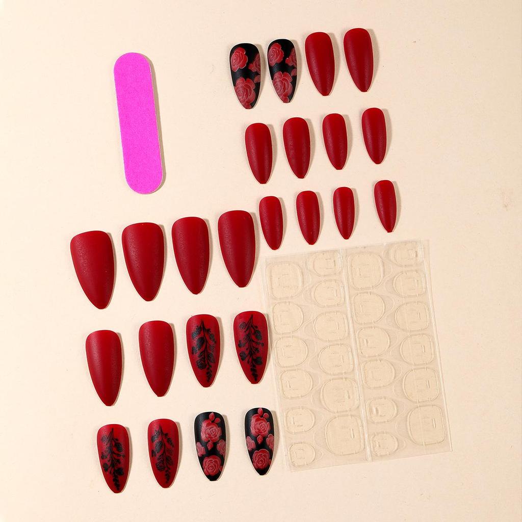 Almond Shaped Claret Rose Print Removable Fake Nail Art Patches