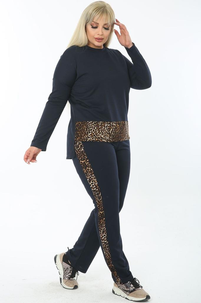Damenmode Übergröße Trainingsanzug Set Große Größe Baumwolle Schwarz Hose Trainingsanzug Set mit Leopardenbesatz an der Seite und Taille