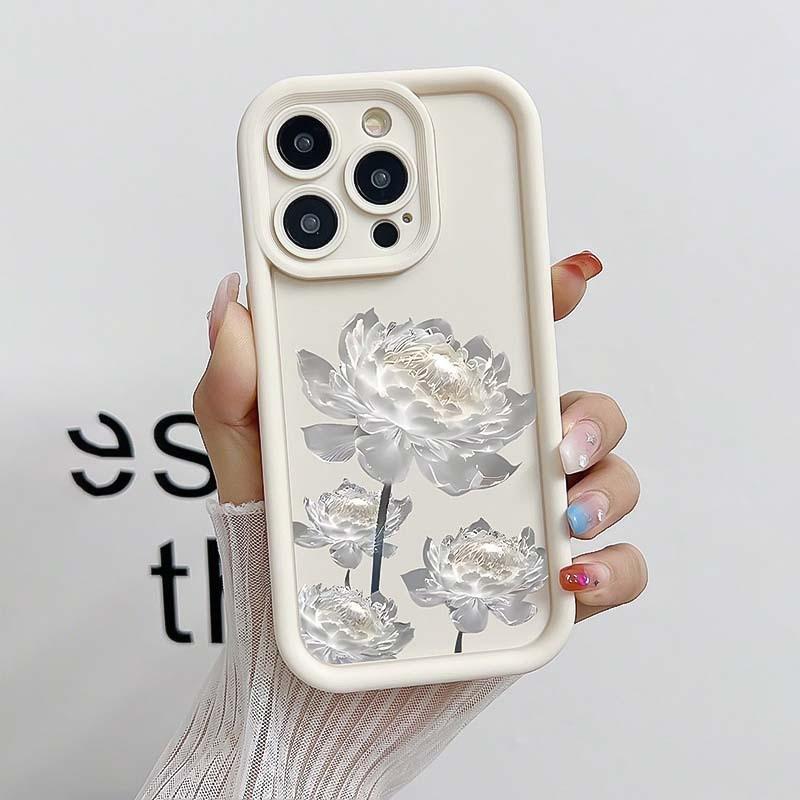Simple white lotus iPhone15/14ProMax mobile phone case Apple 13/12/11 anti-drop XS/XR ladder 16