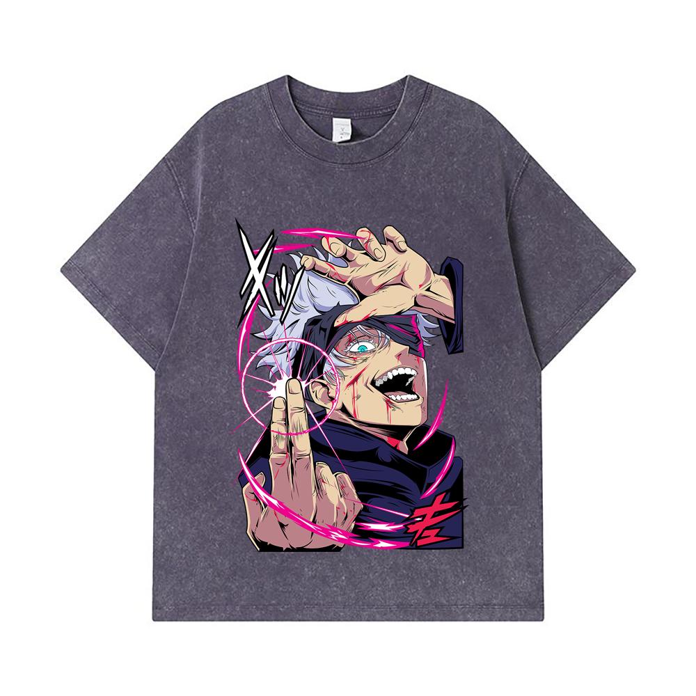 275 GSM Washed T-shirts 100% Cotton Jujutsu Kaisen V19 Gojo Print Unisex Heavy Cotton T Shirt