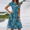 Women's Spring And Summer Casual Round Neck Short Sleeve Waist Floral Print Midi Dress