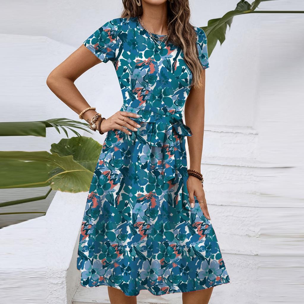 Women's Spring And Summer Casual Round Neck Short Sleeve Waist Floral Print Midi Dress