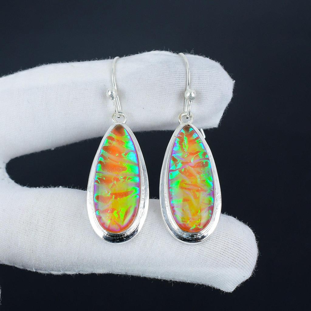 Wunderschöner rosa Triplett Feueropal Edelstein 925 Sterlingsilber Ohrring, Handgefertigter Boho Silber Schmuck Hängeohrringe, Verlobungsgeschenk