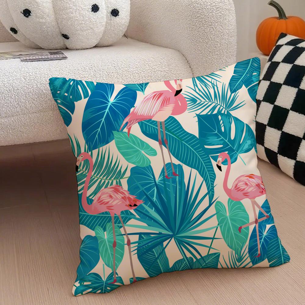 Forest Flamingo Palm Leaves Plant Pattern Art Cushion Cover Throw Pillow Cover Hidden Button Durable Polyester Chair Cushion