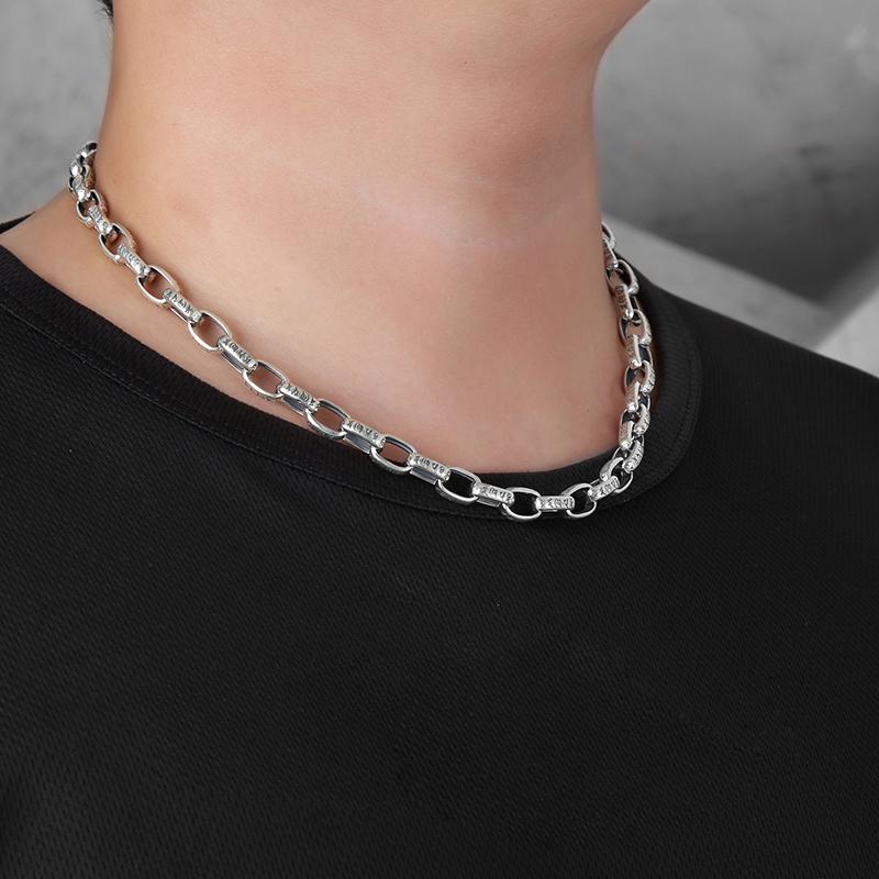 New Six-character Mantra Boys Necklace Silver Long Chinese Style Personality Trendy Men's Retro Jewelry Accessories