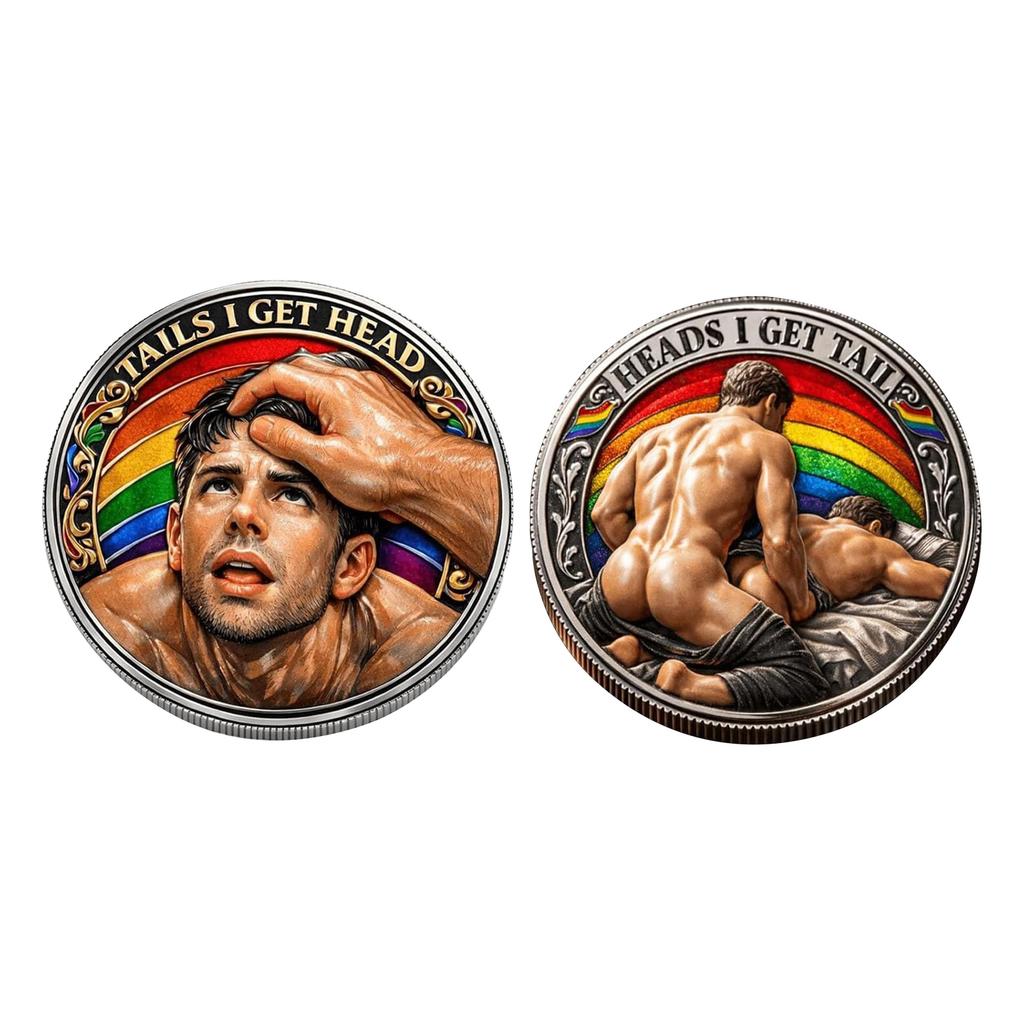 Pride Decision Coin, Heads I Get Tail/Tails I Get Head Commemorative Coin, Male Intimacy Couple Decision , Double-Sided  , Adult Humor Challenge