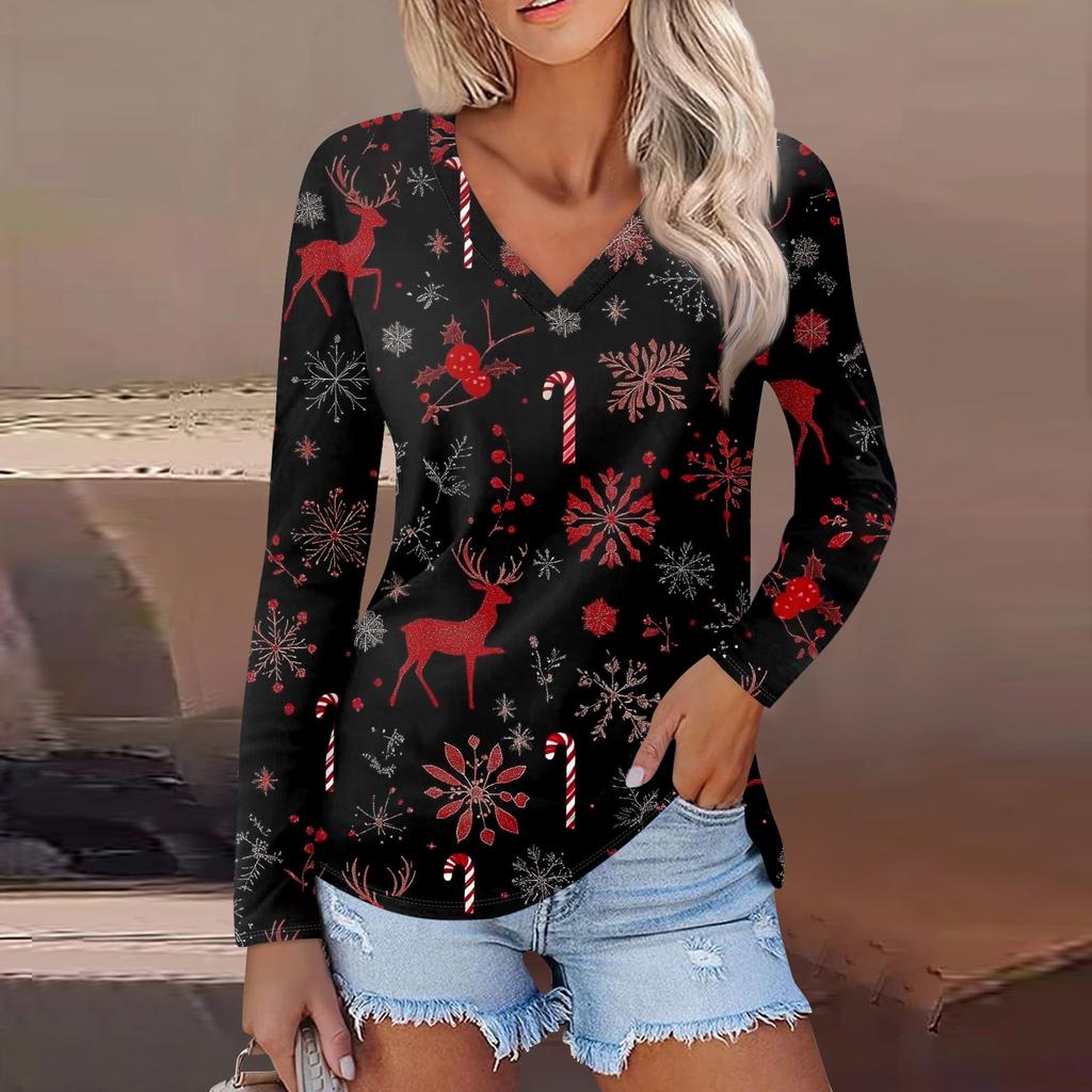 Women's Casual Fashion Sexy Comfortable Christmas Printed V-Neck Long Sleeve Top