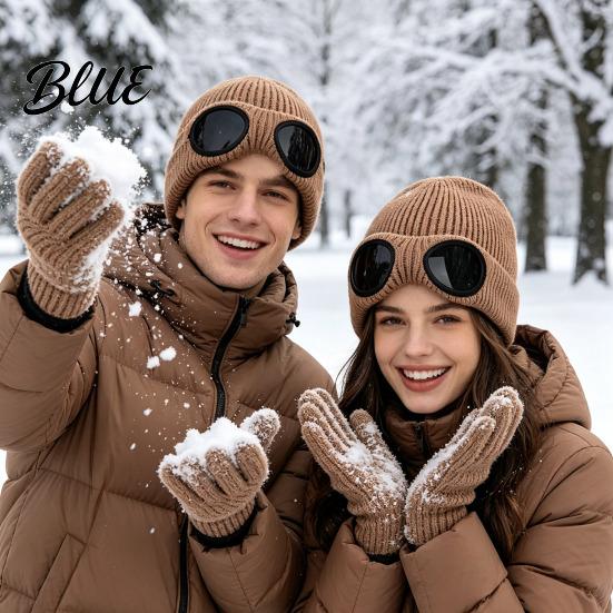 Soft Fleece Lined Snow Proof with Goggles 2Pcs Hats Winter Hat Warm Knit Outdoor Cycling