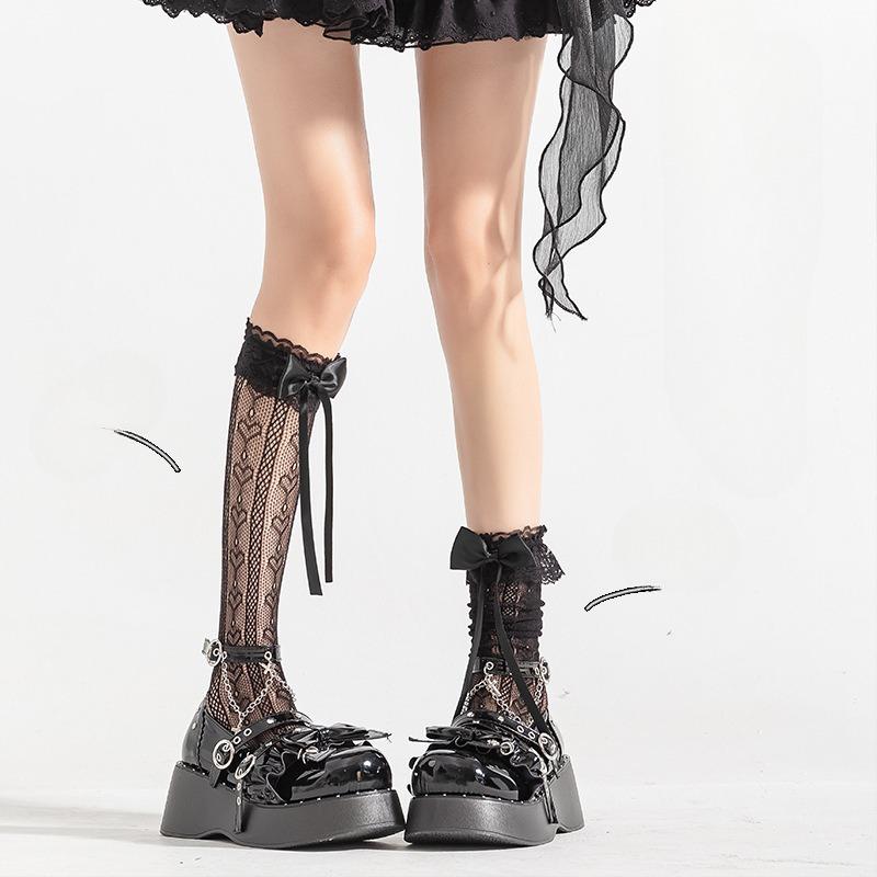 Meias Brancas de Bezerro com Laço para o Verão, Finas, Vazadas, Cano Longo Renda de Fita Lolita até o Joelho