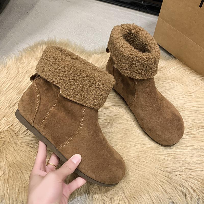 Cowhide Version Fleece Boots Genuine Leather Short Boots Women's New Retro Thermal Short Snow Boots