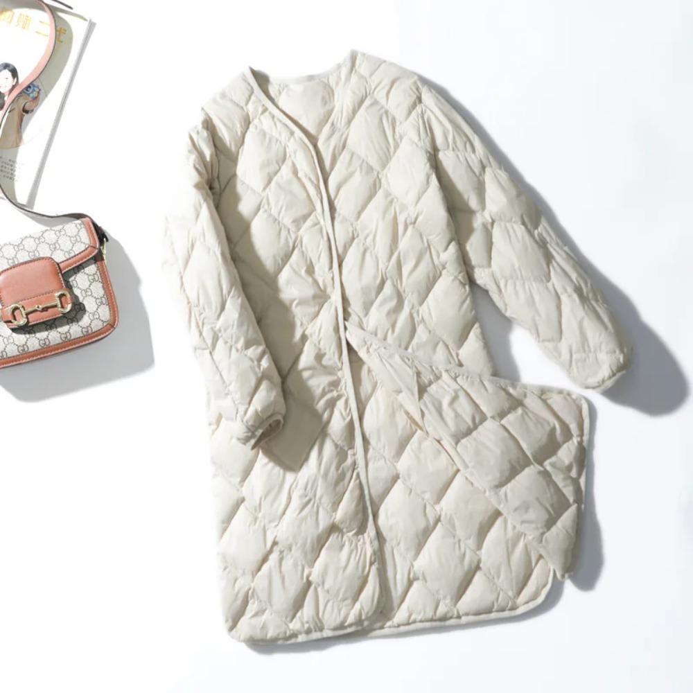 Damen Ultraleichte Weiße Entendaunen Lange Jacke Argyle V-Ausschnitt Kragen Lässig Herbst Winter Oberbekleidung Mantel